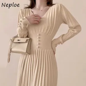 Joskaa Christmas Gift Long Sleeve Pleated Knitted Dress Korean Chic Autumn French Solid V-neck Robes Button Slim Waist Vestido Feminino