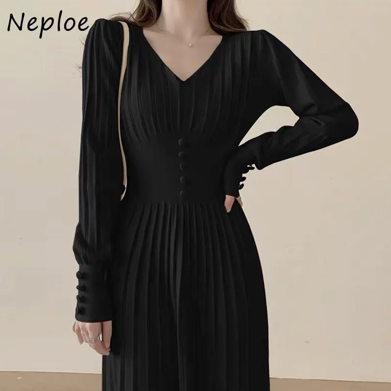 Joskaa Christmas Gift Long Sleeve Pleated Knitted Dress Korean Chic Autumn French Solid V-neck Robes Button Slim Waist Vestido Feminino