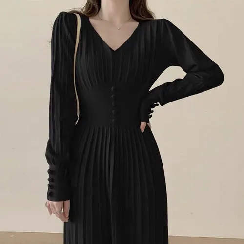 Joskaa Christmas Gift Long Sleeve Pleated Knitted Dress Korean Chic Autumn French Solid V-neck Robes Button Slim Waist Vestido Feminino