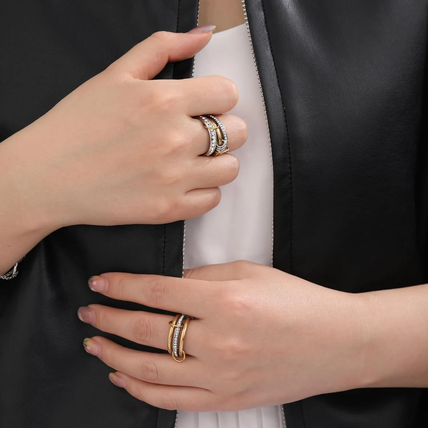 JSJOY Stackable Rings for Women Non Tarnish Cubic Zirconia Spinelli Statement Ring Silver Gold Band Ring Set 14K Gold Plated Mothers Day Gifts Birthday Gifts Size 6-10 Silver Gold Multi Rings