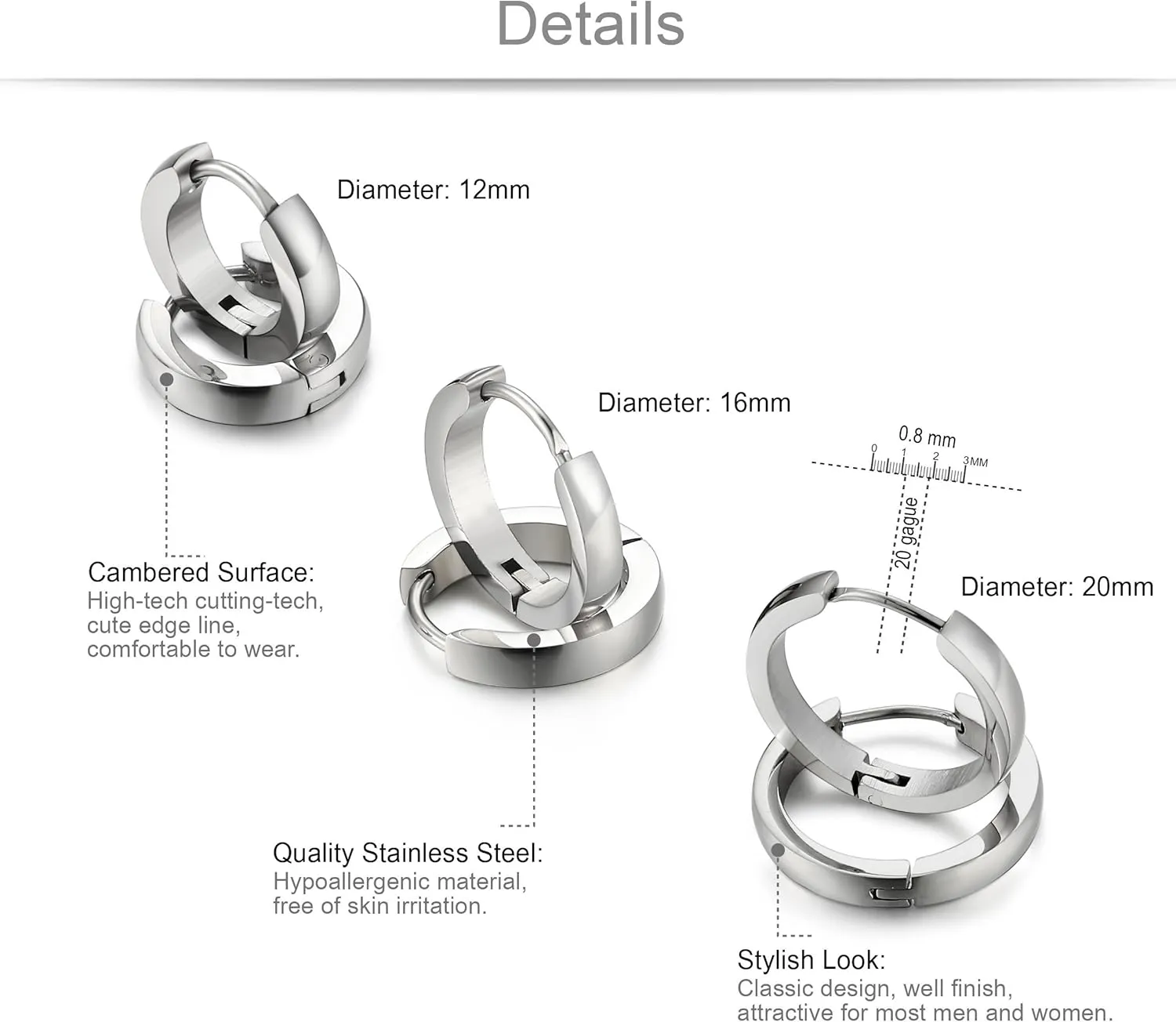 Jstyle 3Pairs Stainless Steel Mens Womens Hoop Earrings Huggie Ear Piercings Hypoallergenic 12/16/20mm