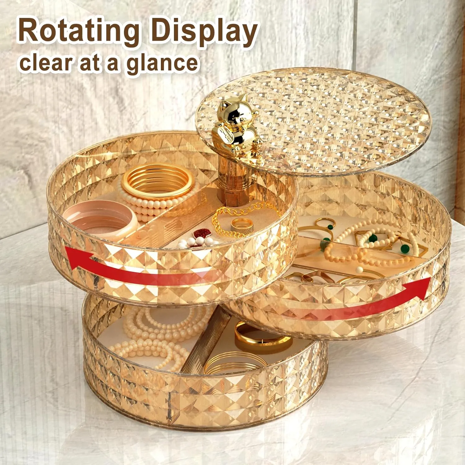 Jywantful Jewelry Box Large, 360 Rotating Jewelry Organizer for Women Girls, Stackable Earring Holder Organizers and Storage, Jewelry Display Tray Case with Lid for Rings, Bracelets, Necklaces (Brown)