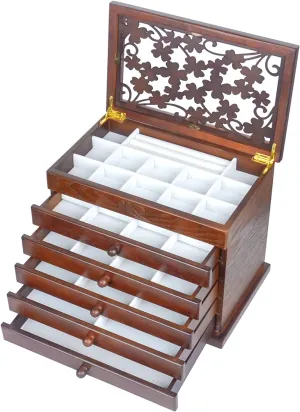 Kendal Wood Jewelry Box for Women, Real Wooden Jewelry Holder Organizer Box with Leaf Patterns, 6 Layer Jewelry Boxes for Storage Earrings Rings Necklace Bracelet, Ideal Gift for Women's Day