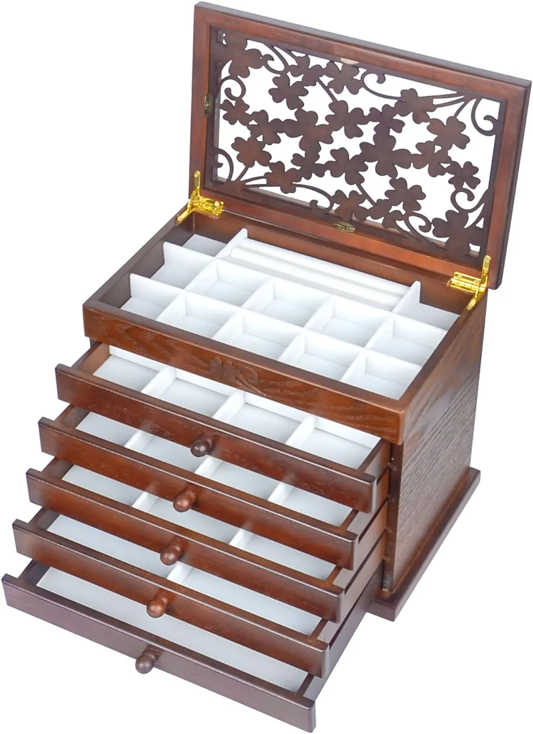 Kendal Wood Jewelry Box for Women, Real Wooden Jewelry Holder Organizer Box with Leaf Patterns, 6 Layer Jewelry Boxes for Storage Earrings Rings Necklace Bracelet, Ideal Gift for Women's Day