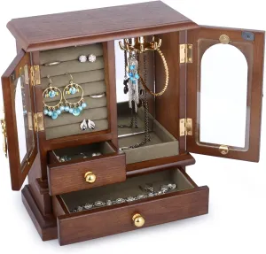Kendal Wooden Jewelry Box for Women, Solid Jewelry Holder Organizer, Mothers Day Gifts, Wood Jewelry Case with Mirror for Necklaces, Earring, Rings (2 Side Door, Brown)