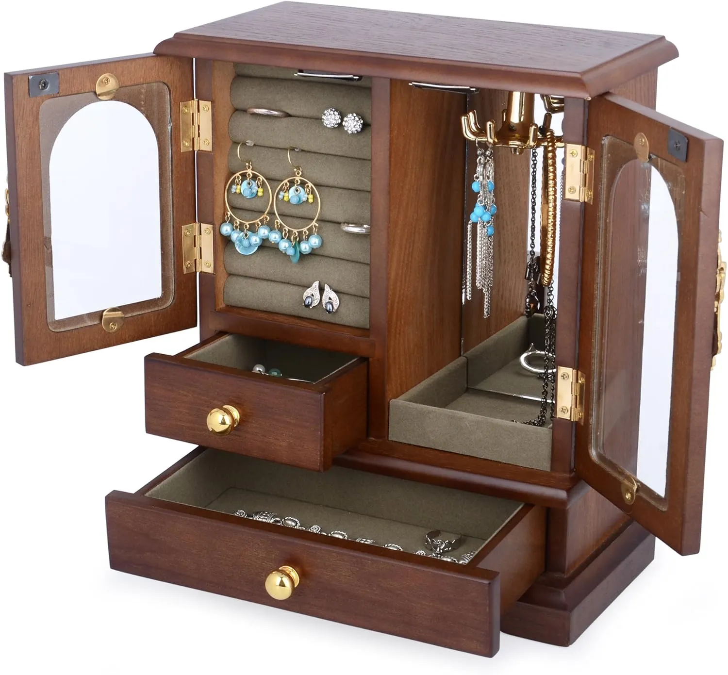Kendal Wooden Jewelry Box for Women, Solid Jewelry Holder Organizer, Mothers Day Gifts, Wood Jewelry Case with Mirror for Necklaces, Earring, Rings (2 Side Door, Brown)