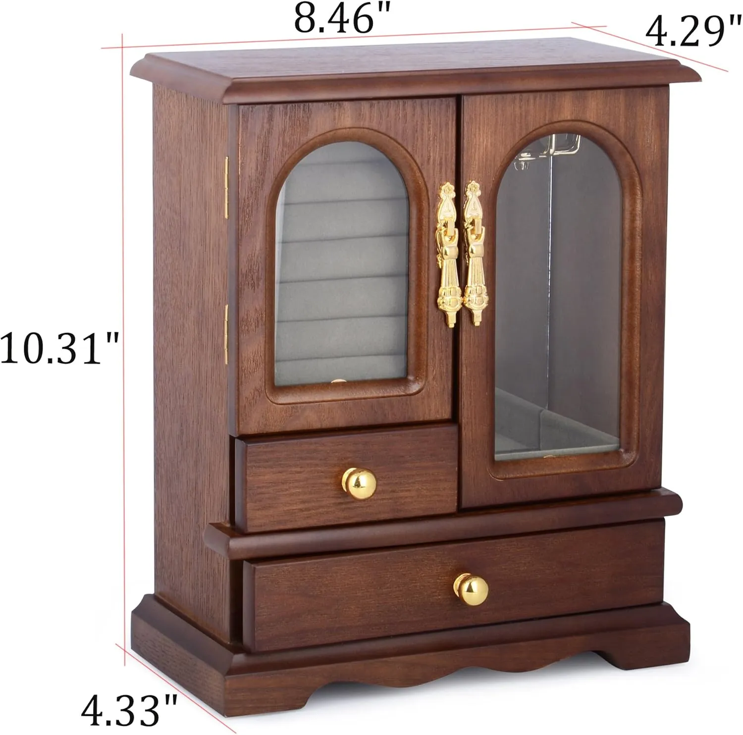 Kendal Wooden Jewelry Box for Women, Solid Jewelry Holder Organizer, Mothers Day Gifts, Wood Jewelry Case with Mirror for Necklaces, Earring, Rings (2 Side Door, Brown)