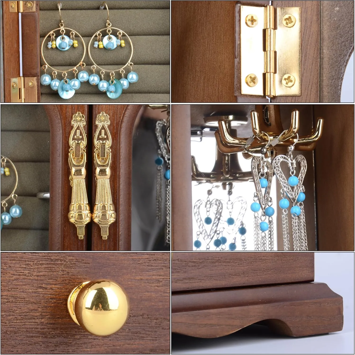 Kendal Wooden Jewelry Box for Women, Solid Jewelry Holder Organizer, Mothers Day Gifts, Wood Jewelry Case with Mirror for Necklaces, Earring, Rings (2 Side Door, Brown)