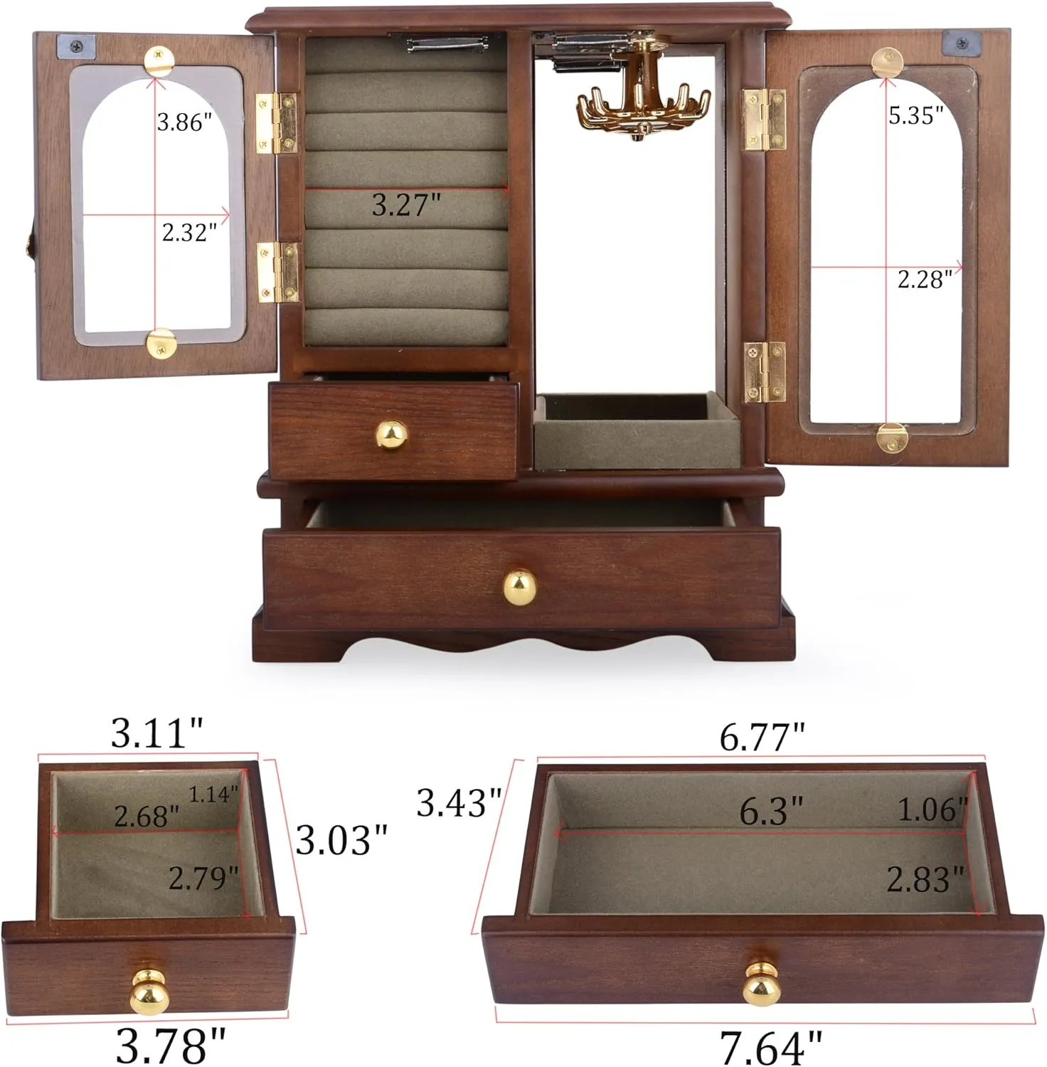 Kendal Wooden Jewelry Box for Women, Solid Jewelry Holder Organizer, Mothers Day Gifts, Wood Jewelry Case with Mirror for Necklaces, Earring, Rings (2 Side Door, Brown)