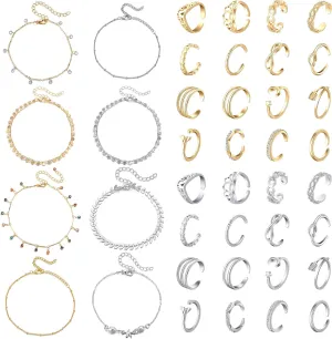 Kigeli 40 Pcs Anklets and Toe Ring Set for Women Chain Layered Anklets Toe Rings Ankle Bracelets Open Adjustable Toe Rings Beach Foot Jewelry, Silver Gold