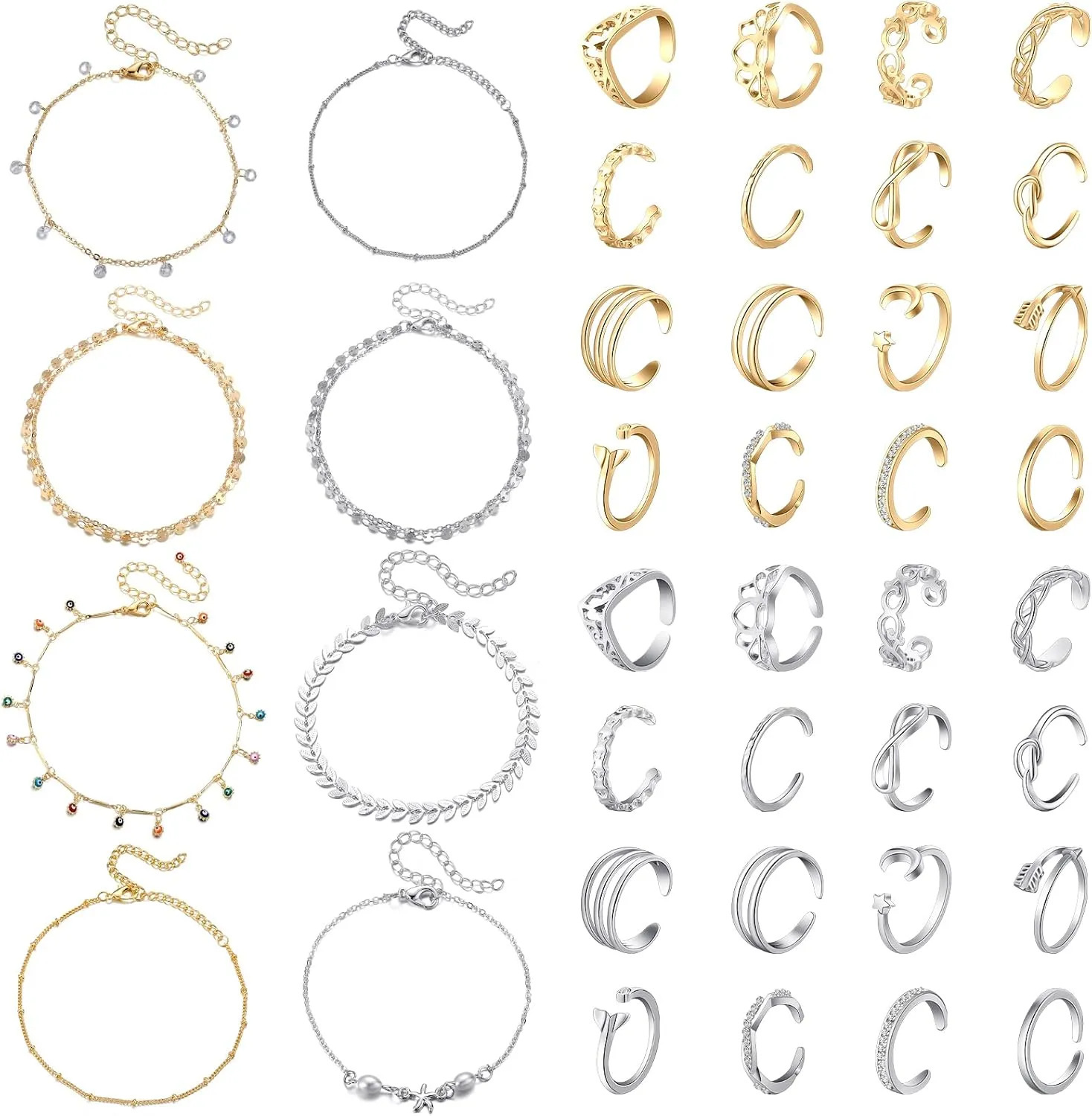 Kigeli 40 Pcs Anklets and Toe Ring Set for Women Chain Layered Anklets Toe Rings Ankle Bracelets Open Adjustable Toe Rings Beach Foot Jewelry, Silver Gold