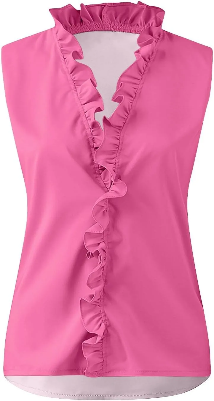 KIKX0DE Womens Sleeveless Ruffle Peplum Front Tank Tops Casual Summer V Neck Shirts