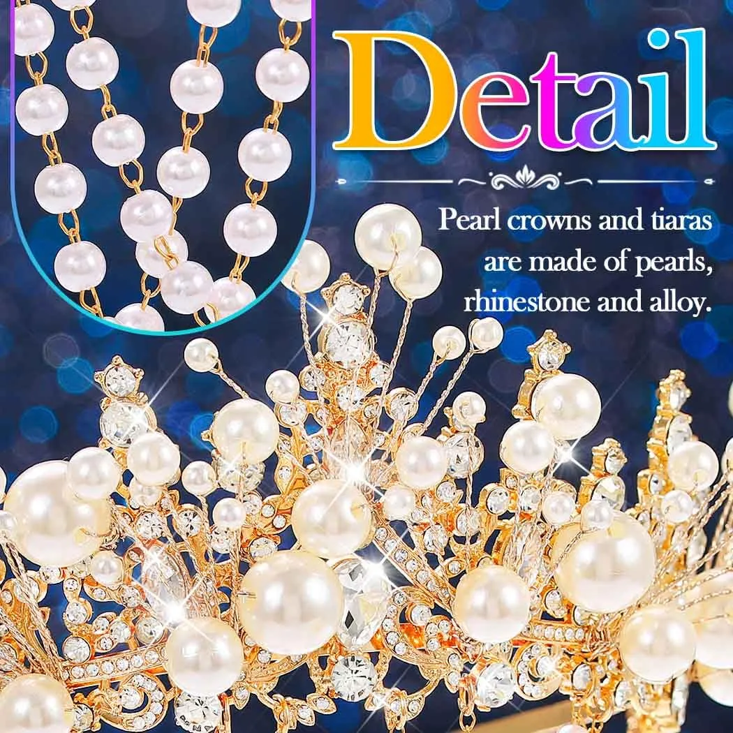 Kilshye Gold Pearl Wedding Crowns and Tiaras Rhinestone Bridal Headband Crystal Prom Headpiece for Women (Gold, One Size)