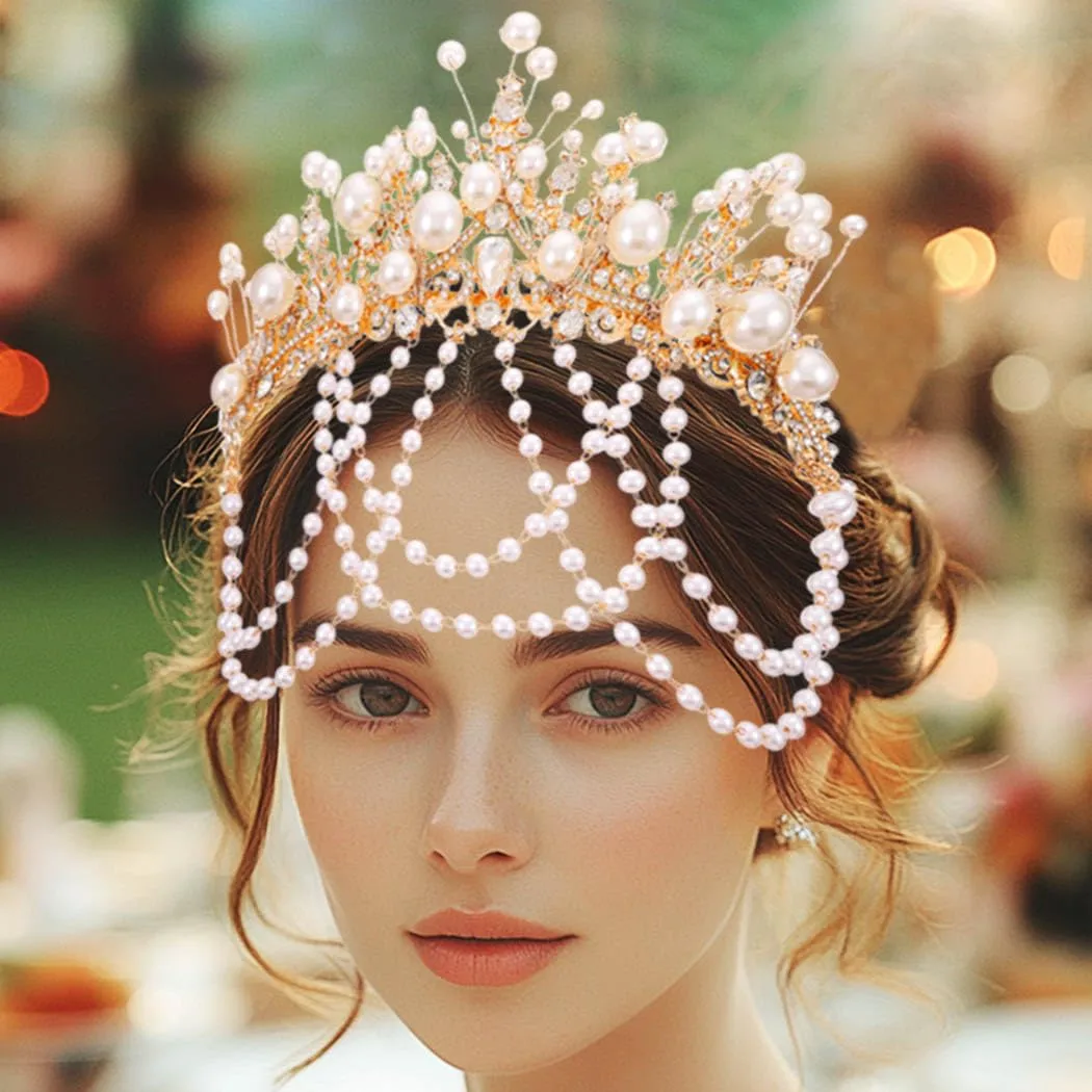 Kilshye Gold Pearl Wedding Crowns and Tiaras Rhinestone Bridal Headband Crystal Prom Headpiece for Women (Gold, One Size)