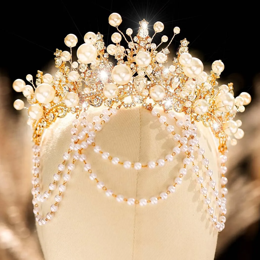 Kilshye Gold Pearl Wedding Crowns and Tiaras Rhinestone Bridal Headband Crystal Prom Headpiece for Women (Gold, One Size)