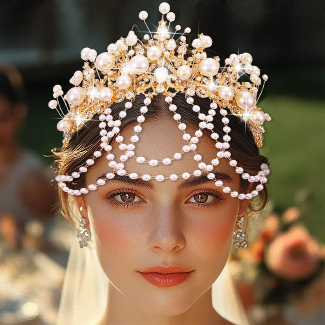 Kilshye Gold Pearl Wedding Crowns and Tiaras Rhinestone Bridal Headband Crystal Prom Headpiece for Women (Gold, One Size)