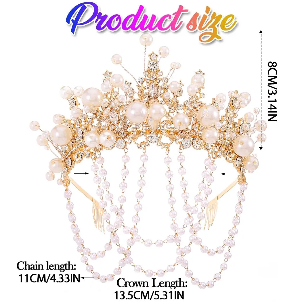 Kilshye Gold Pearl Wedding Crowns and Tiaras Rhinestone Bridal Headband Crystal Prom Headpiece for Women (Gold, One Size)