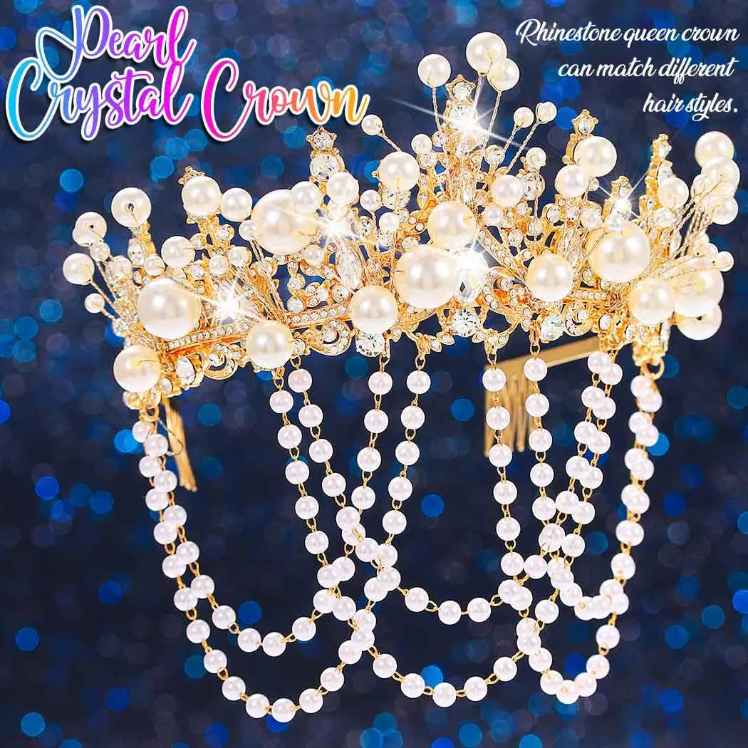 Kilshye Gold Pearl Wedding Crowns and Tiaras Rhinestone Bridal Headband Crystal Prom Headpiece for Women (Gold, One Size)