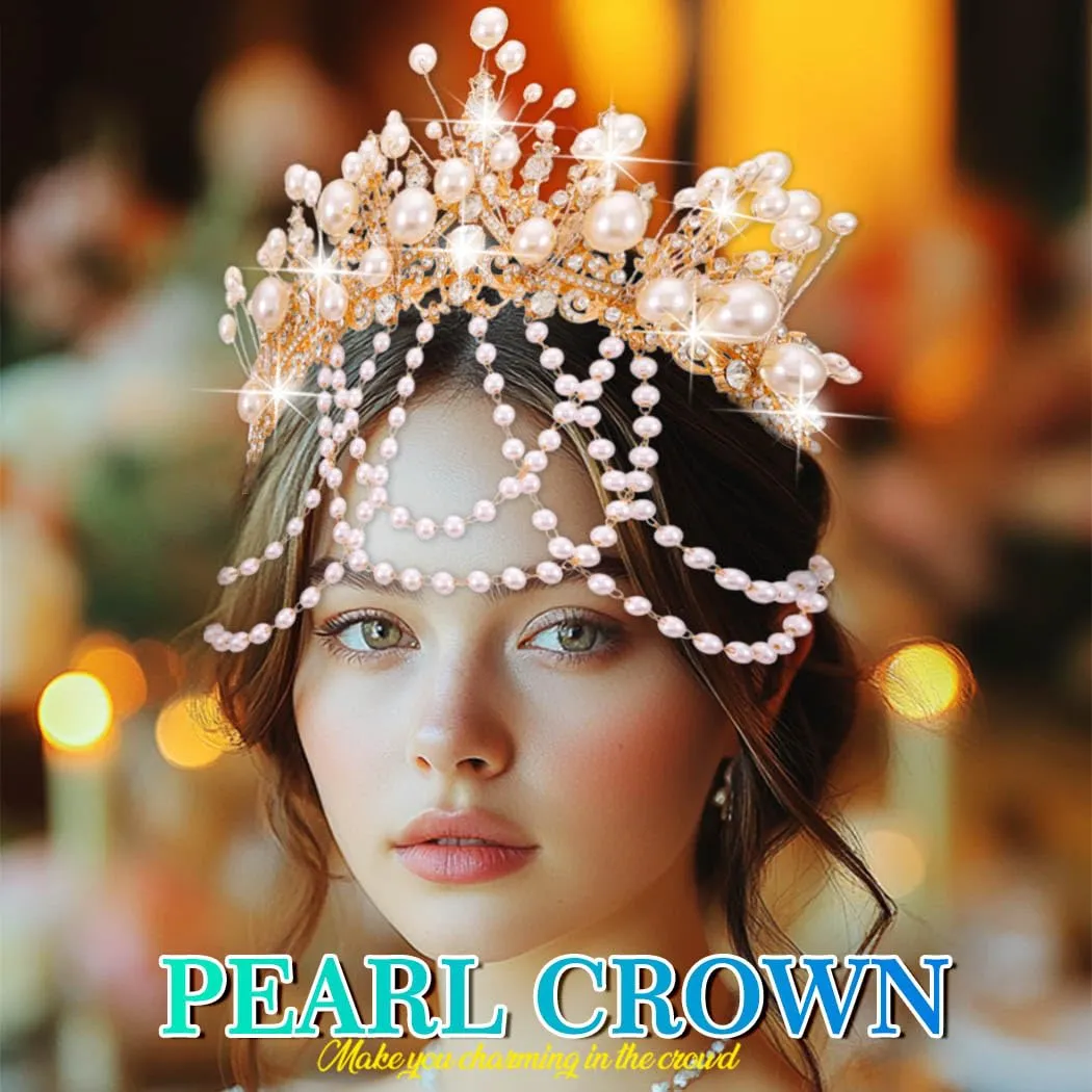 Kilshye Gold Pearl Wedding Crowns and Tiaras Rhinestone Bridal Headband Crystal Prom Headpiece for Women (Gold, One Size)