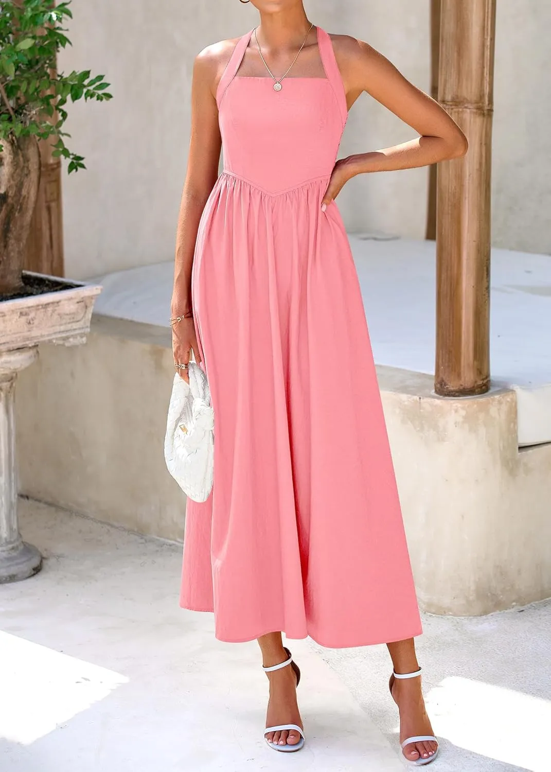 KIRUNDO Women Summer Sleeveless Halter Maxi Dress Sundress 2025 Casual Flowy Wedding Guest Cocktail Beach Vacation Dresses