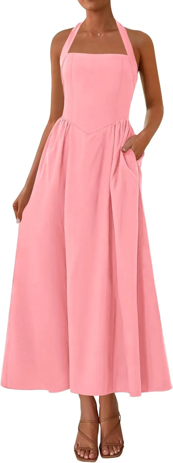 KIRUNDO Women Summer Sleeveless Halter Maxi Dress Sundress 2025 Casual Flowy Wedding Guest Cocktail Beach Vacation Dresses