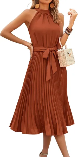 KIRUNDO Women's 2025 Summer Sleeveless Halter Neck Pleated Midi Cocktail Dresses A Line Flowy Beach Sun Dress with Belt