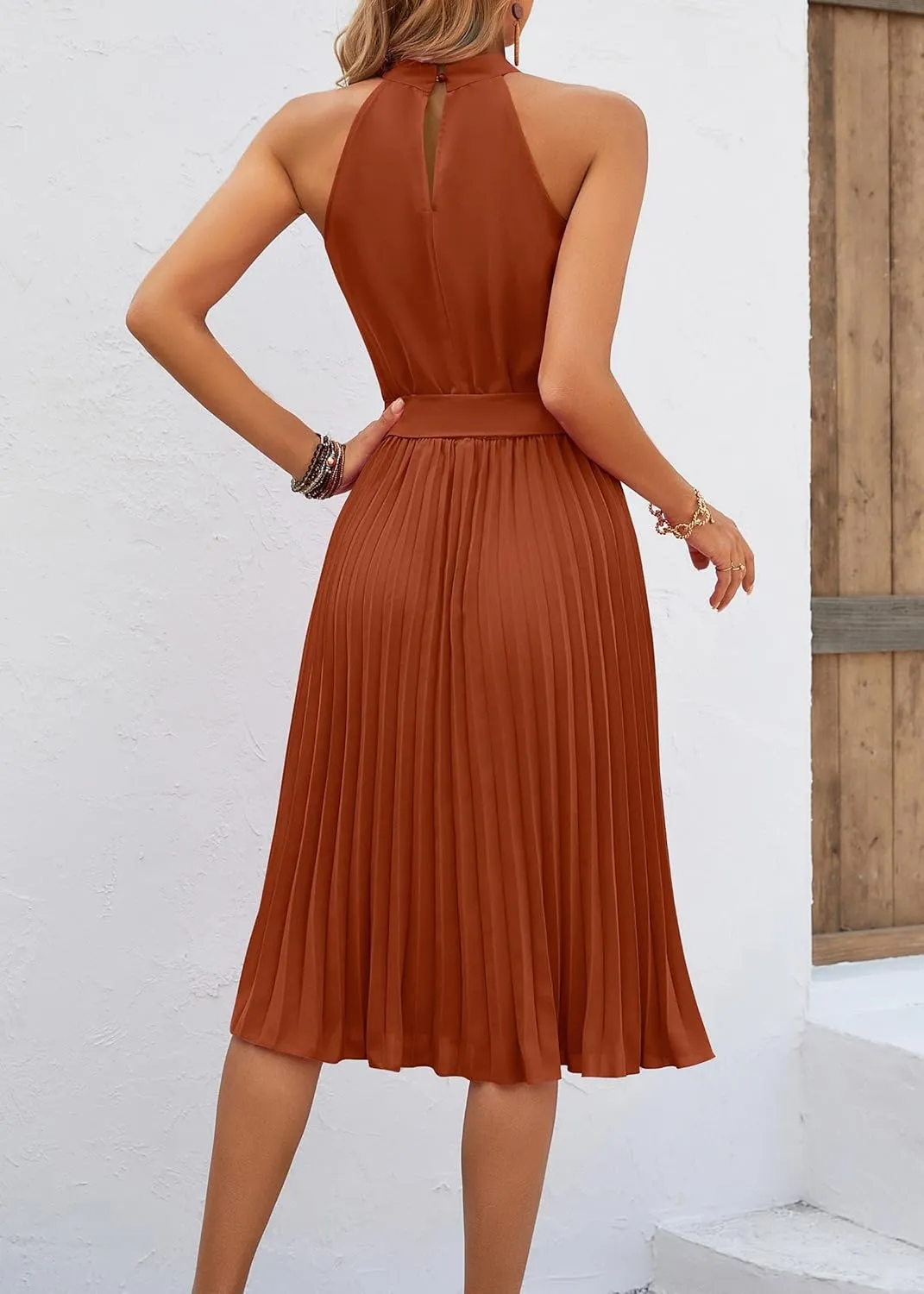 KIRUNDO Women's 2025 Summer Sleeveless Halter Neck Pleated Midi Cocktail Dresses A Line Flowy Beach Sun Dress with Belt