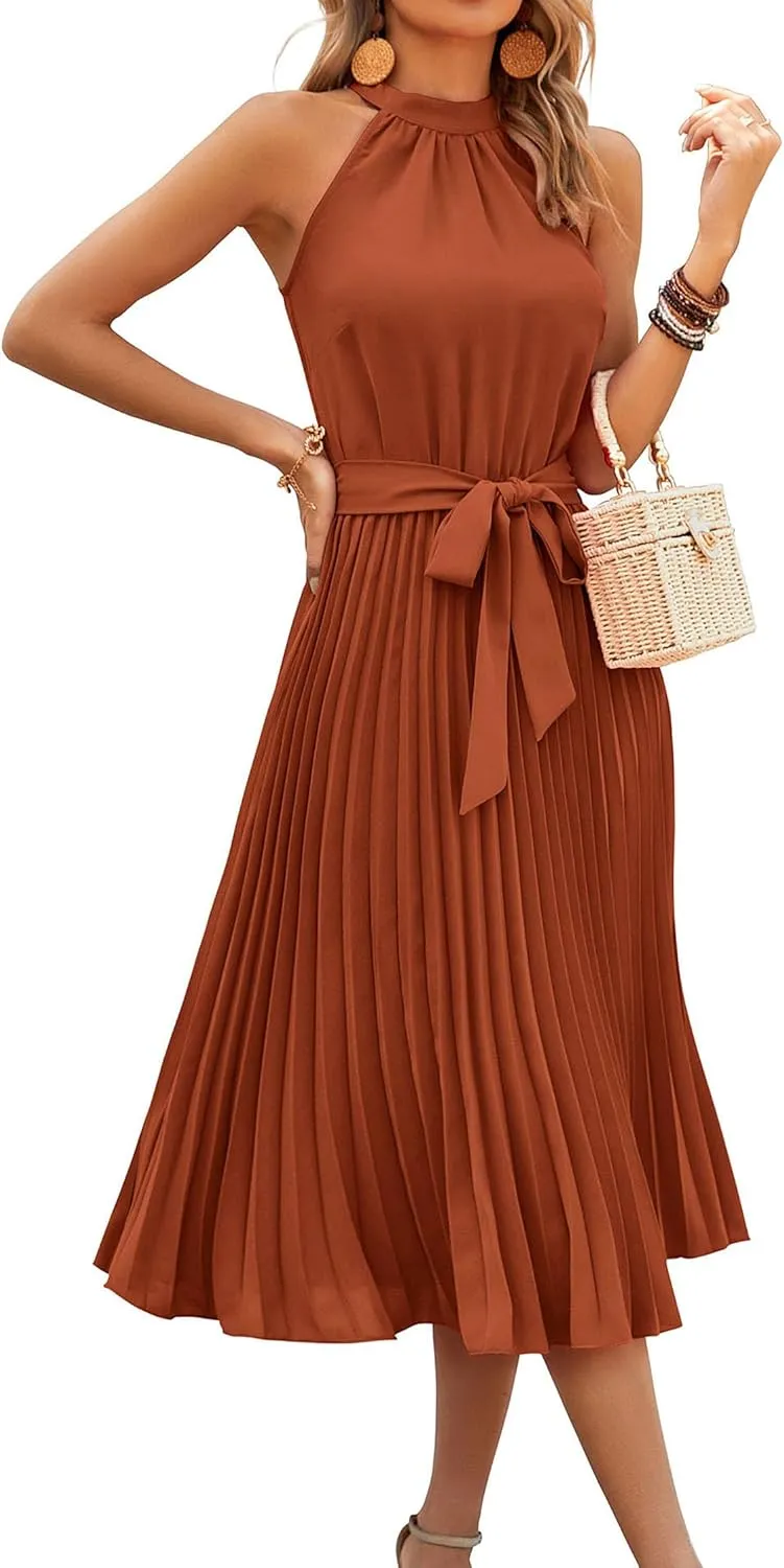KIRUNDO Women's 2025 Summer Sleeveless Halter Neck Pleated Midi Cocktail Dresses A Line Flowy Beach Sun Dress with Belt