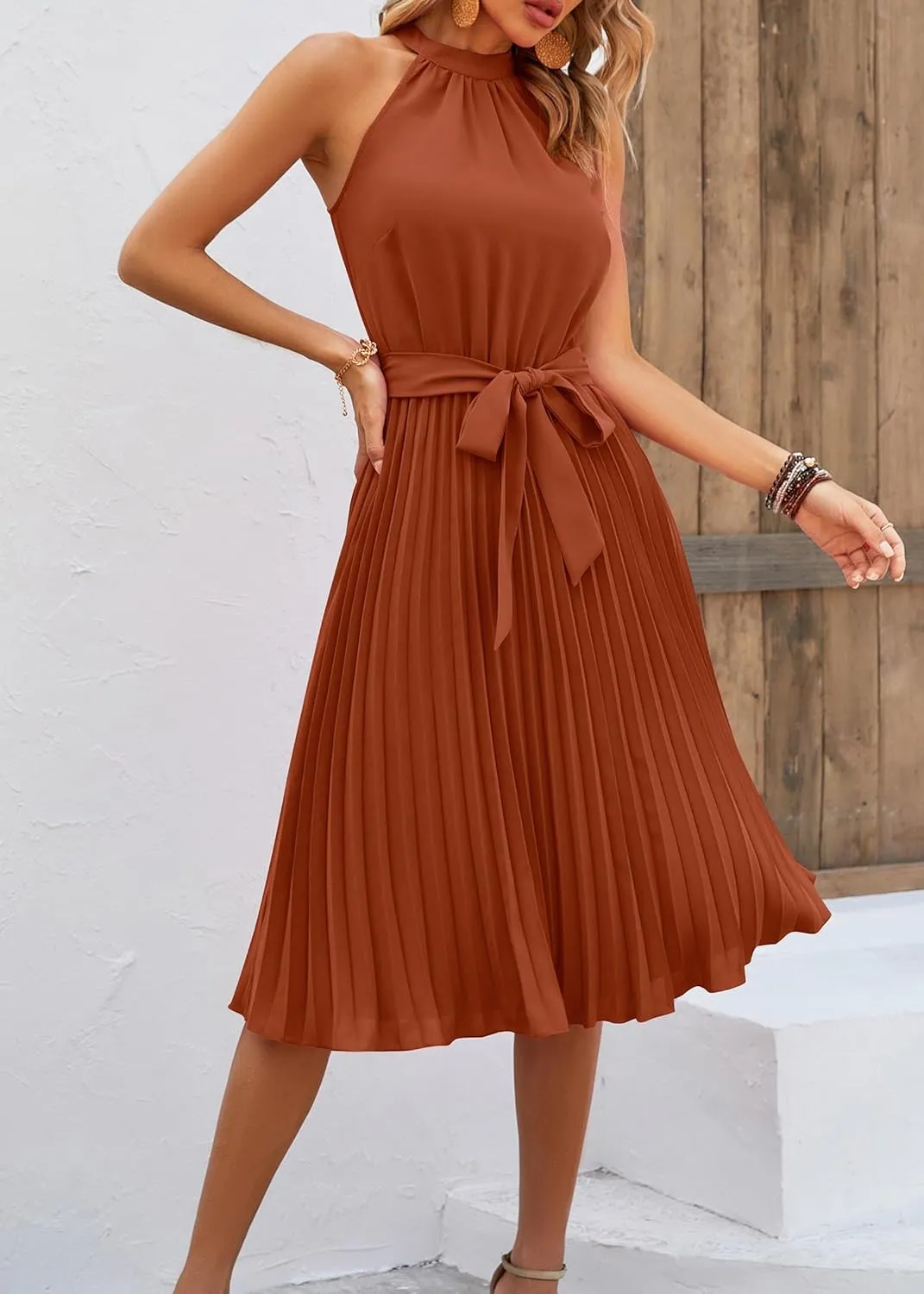 KIRUNDO Women's 2025 Summer Sleeveless Halter Neck Pleated Midi Cocktail Dresses A Line Flowy Beach Sun Dress with Belt