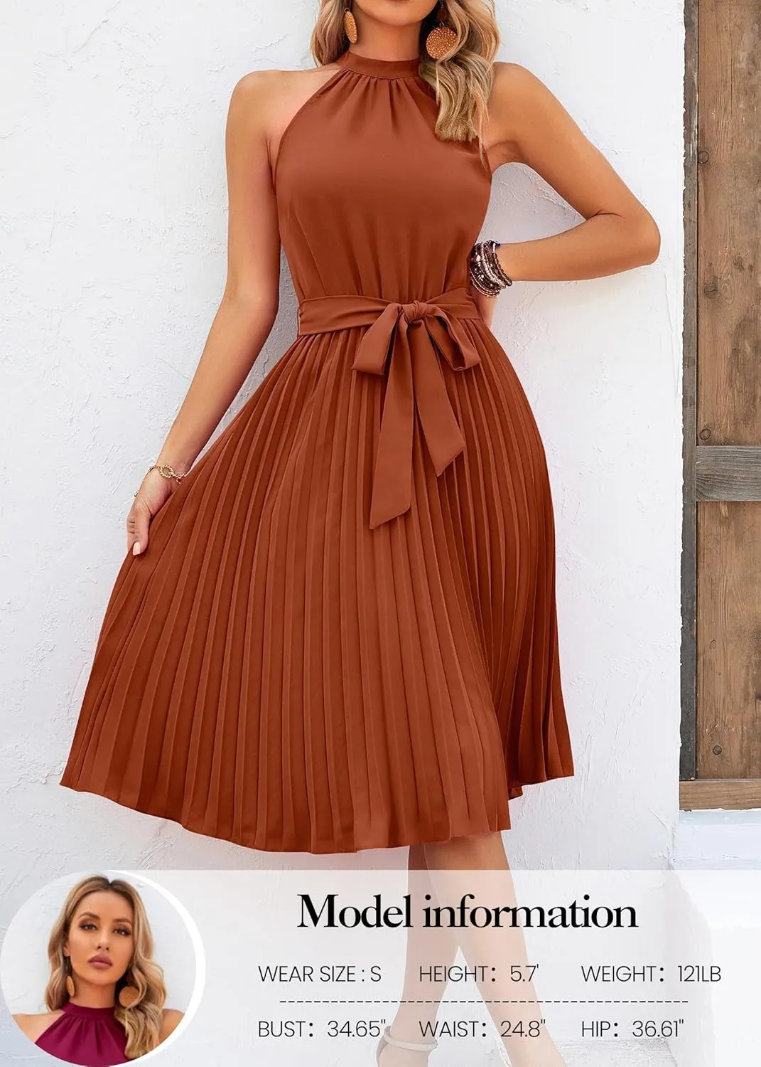 KIRUNDO Women's 2025 Summer Sleeveless Halter Neck Pleated Midi Cocktail Dresses A Line Flowy Beach Sun Dress with Belt