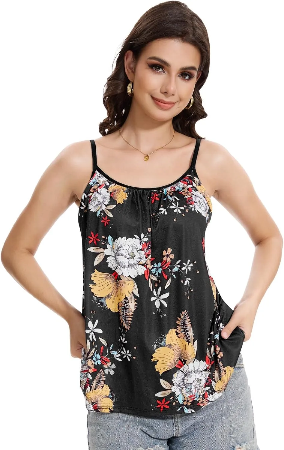 Knuffnee Women Tank Tops with Built in Bra Flowy Camisole Adjustable Spaghetti Straps Tank Top