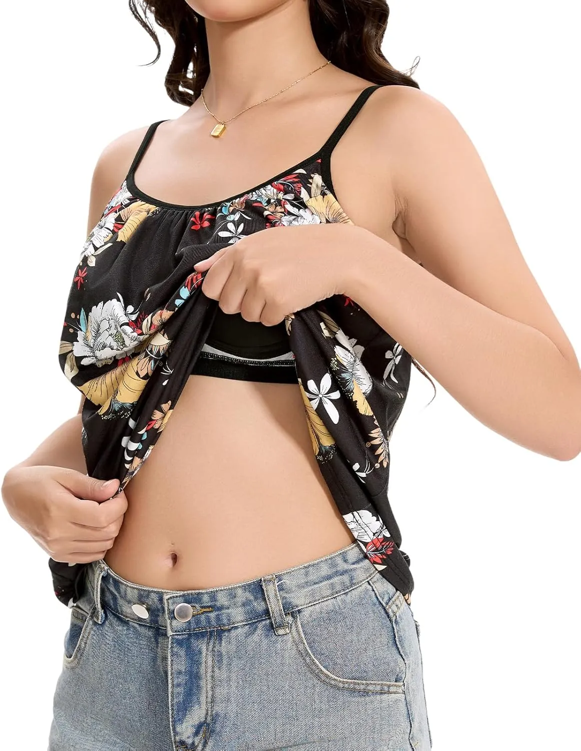 Knuffnee Women Tank Tops with Built in Bra Flowy Camisole Adjustable Spaghetti Straps Tank Top