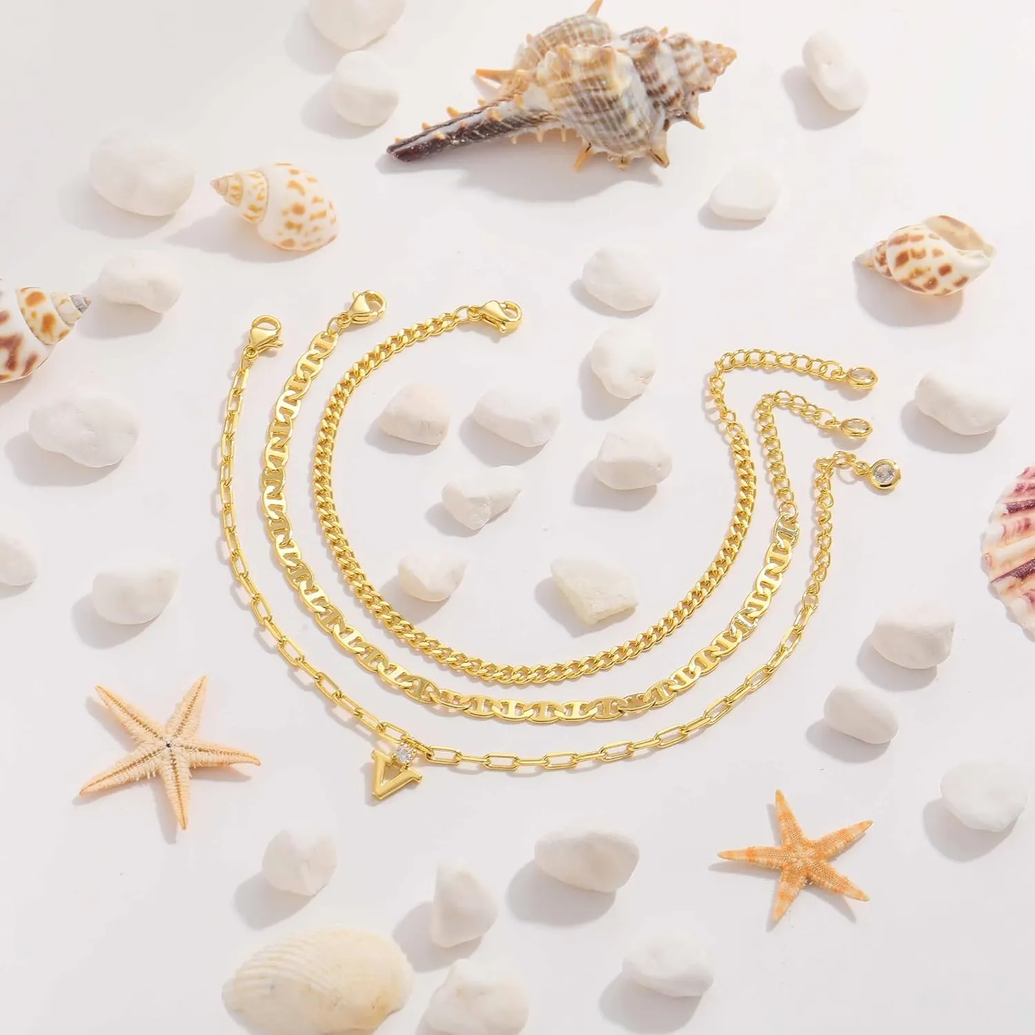 KOHOTA Initial Gold Ankle Bracelets for Women Waterproof 14K Gold Plated Anklets for Women Non Tarnish CZ Letter A-Z Dainty Layered Anklet Trendy Adjustable Foot Chain Set Summer Beach Jewelry Gifts