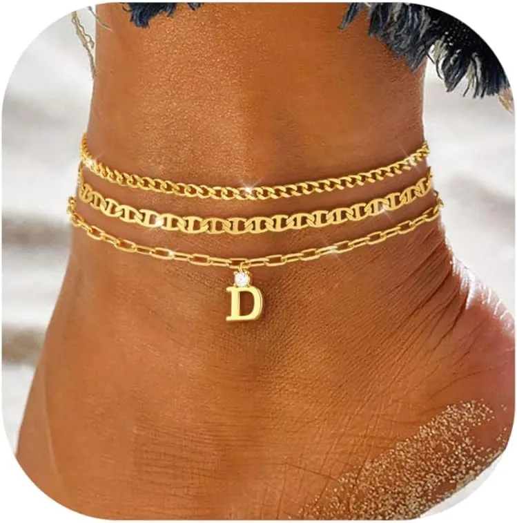 KOHOTA Initial Gold Ankle Bracelets for Women Waterproof 14K Gold Plated Anklets for Women Non Tarnish CZ Letter A-Z Dainty Layered Anklet Trendy Adjustable Foot Chain Set Summer Beach Jewelry Gifts
