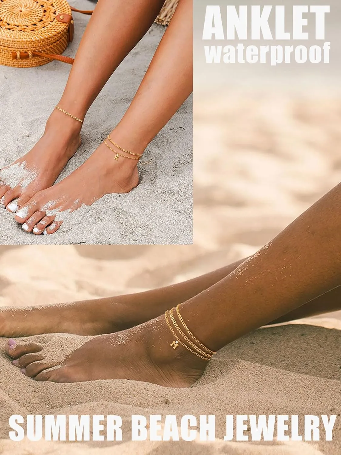 KOHOTA Initial Gold Ankle Bracelets for Women Waterproof 14K Gold Plated Anklets for Women Non Tarnish CZ Letter A-Z Dainty Layered Anklet Trendy Adjustable Foot Chain Set Summer Beach Jewelry Gifts