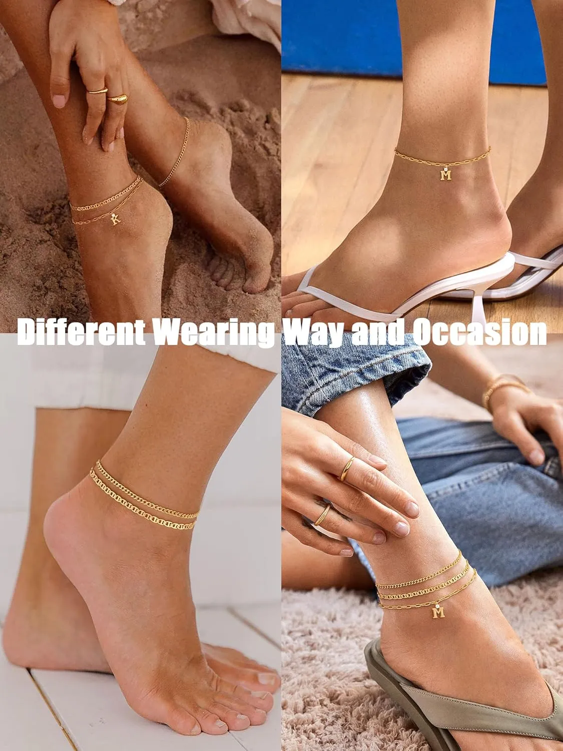KOHOTA Initial Gold Ankle Bracelets for Women Waterproof 14K Gold Plated Anklets for Women Non Tarnish CZ Letter A-Z Dainty Layered Anklet Trendy Adjustable Foot Chain Set Summer Beach Jewelry Gifts
