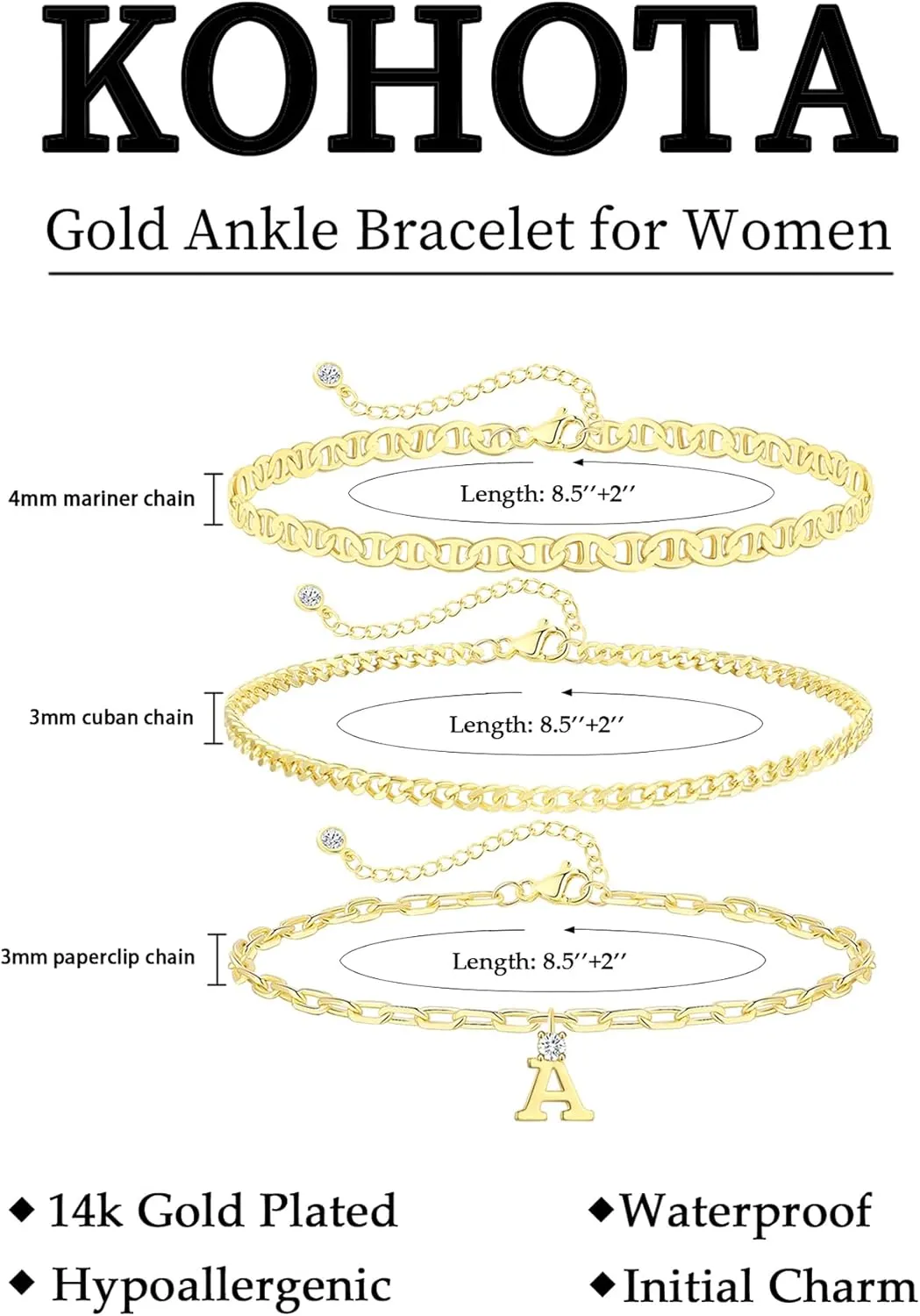 KOHOTA Initial Gold Ankle Bracelets for Women Waterproof 14K Gold Plated Anklets for Women Non Tarnish CZ Letter A-Z Dainty Layered Anklet Trendy Adjustable Foot Chain Set Summer Beach Jewelry Gifts