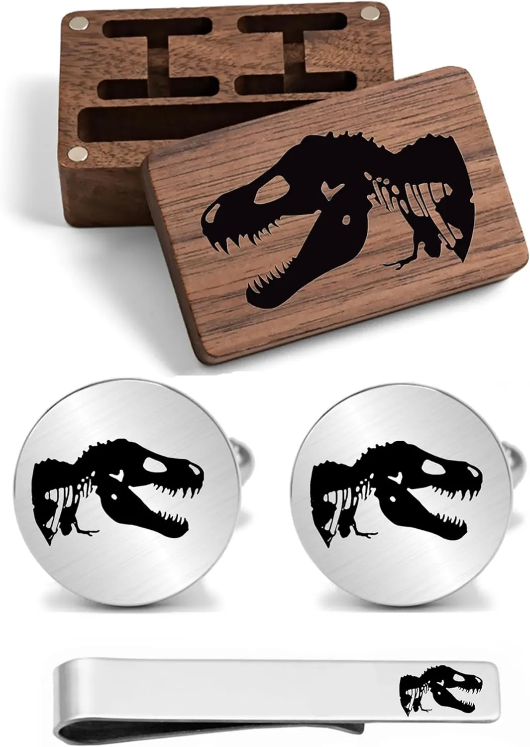 Kooer Engraved Tyrannosaurus Rex Cuff Links Tie Bar Set T-REX Cufflinks Gift for Groom Groomsman