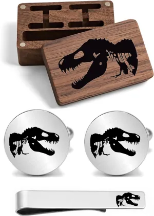 Kooer Engraved Tyrannosaurus Rex Cuff Links Tie Bar Set T-REX Cufflinks Gift for Groom Groomsman