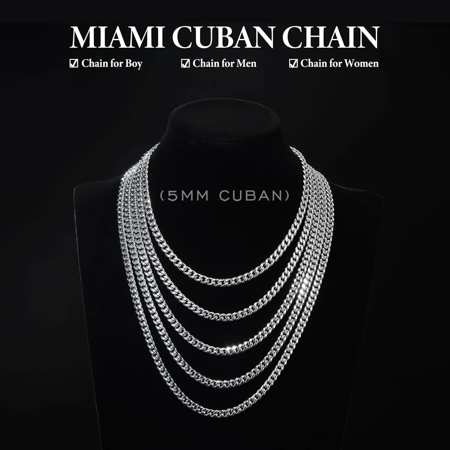 KRZ Silver Cuban Link Chain for Men 5mm Miami Chains for Men Stainless Steel Chains 925 Sterling Silver Necklace for Men and Women Jewelry