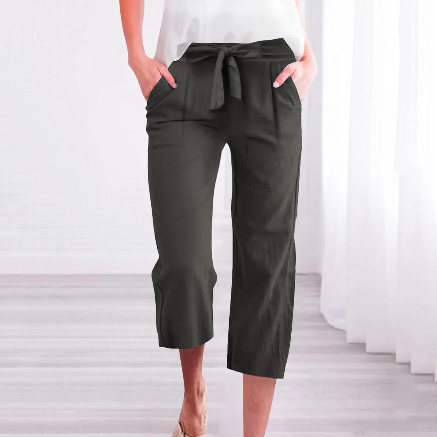 Kubbon Womens Capri Pants Cotton Linen Summer Straight Leg Pants Tie Knot High Waist Pant Cropped Trousers with Pockets