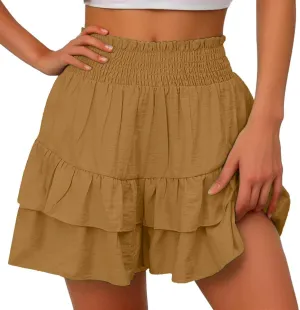 Kubbon Womens Flowy Shorts Smocked High Waisted Wide Leg Shorts Casual Loose Tiered Beach Skorts Summer Vacation Outfits
