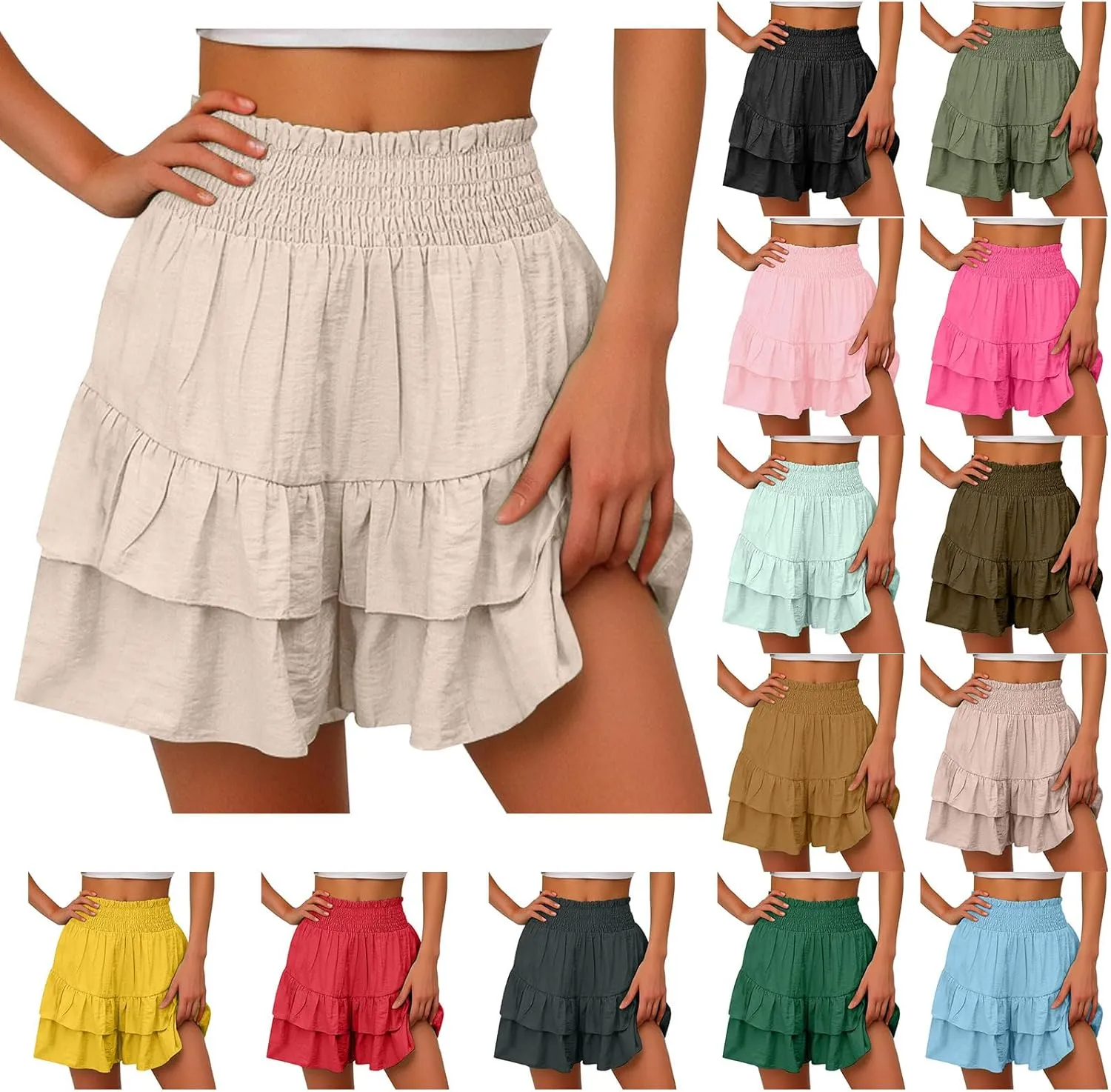 Kubbon Womens Flowy Shorts Smocked High Waisted Wide Leg Shorts Casual Loose Tiered Beach Skorts Summer Vacation Outfits