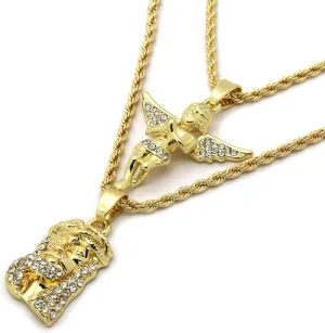L & L Nation Mens Gold Tone High Fashion 2 Pieces Jesus & Angel Set 2mm 30" and 24" Rope chains 02