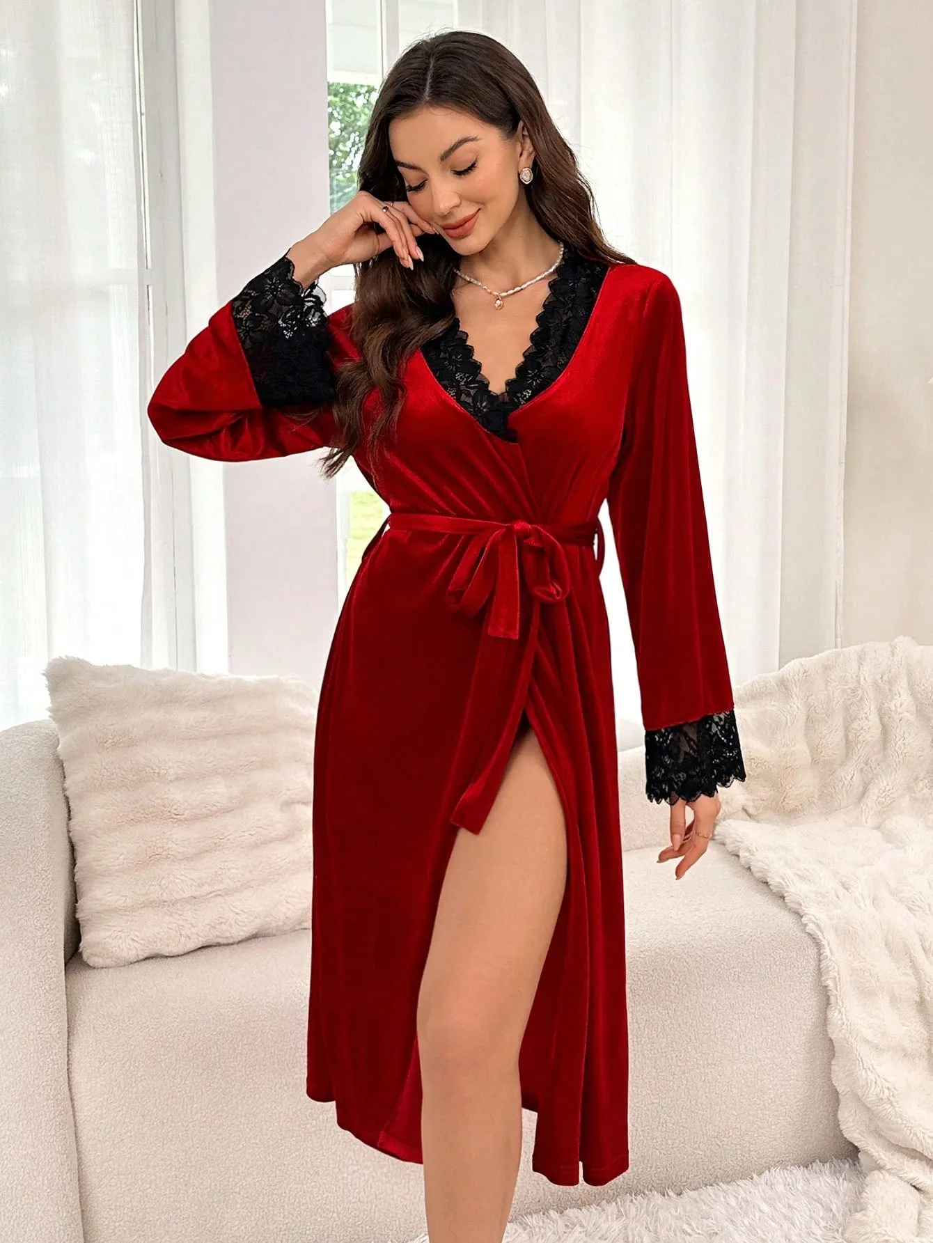 Lace Trimmed Belted Lady's Fashionable Nightgown