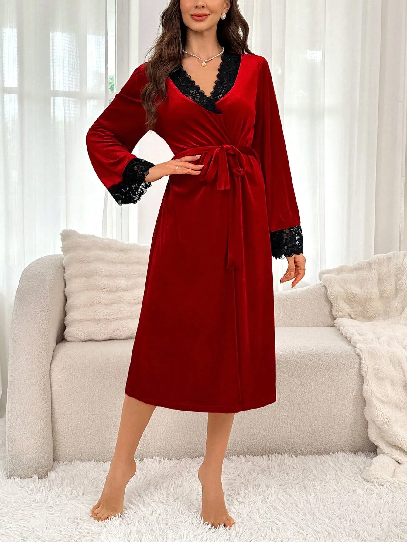 Lace Trimmed Belted Lady's Fashionable Nightgown