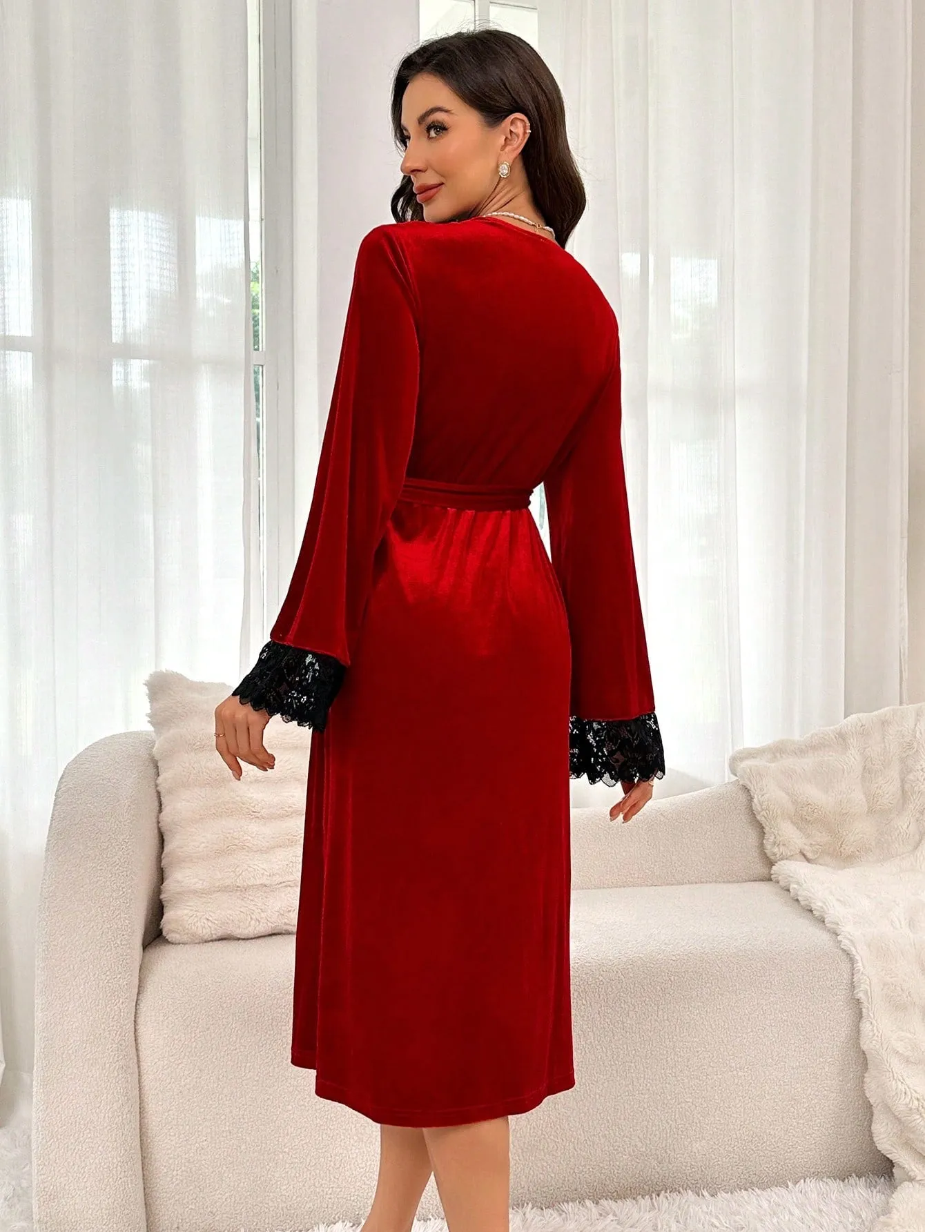 Lace Trimmed Belted Lady's Fashionable Nightgown