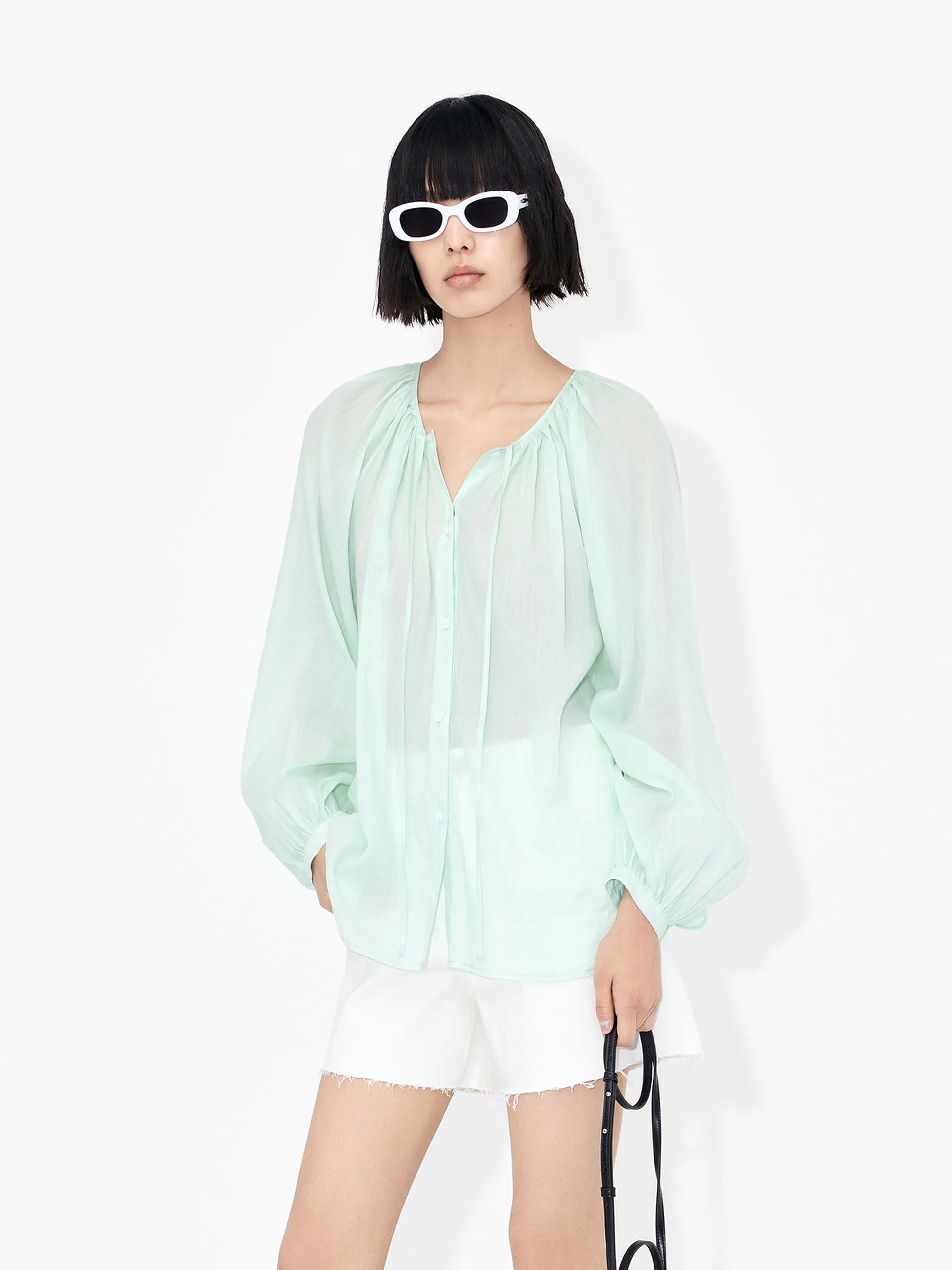 Lace-up Cotton Shirt Top