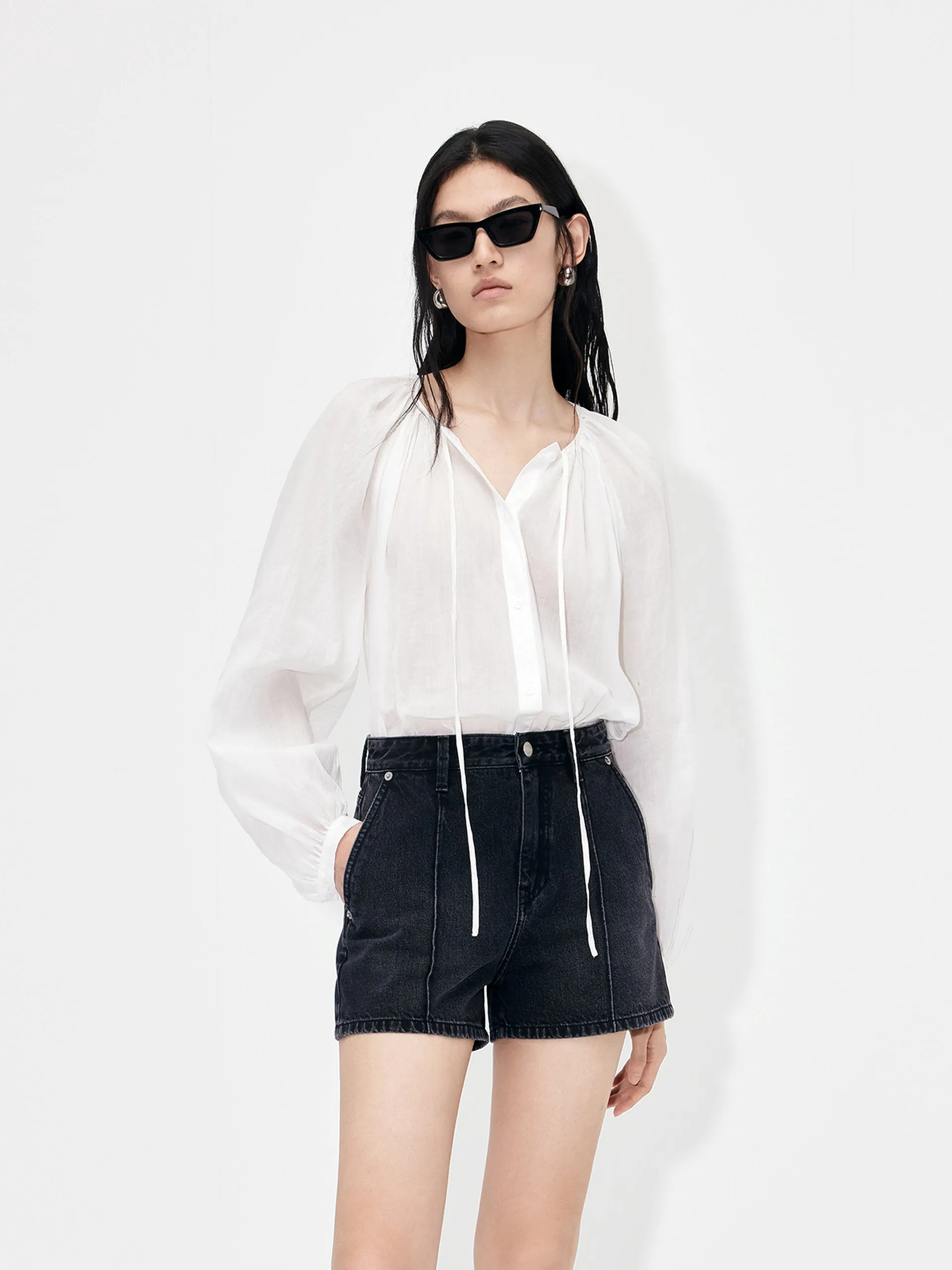 Lace-up Cotton Shirt Top