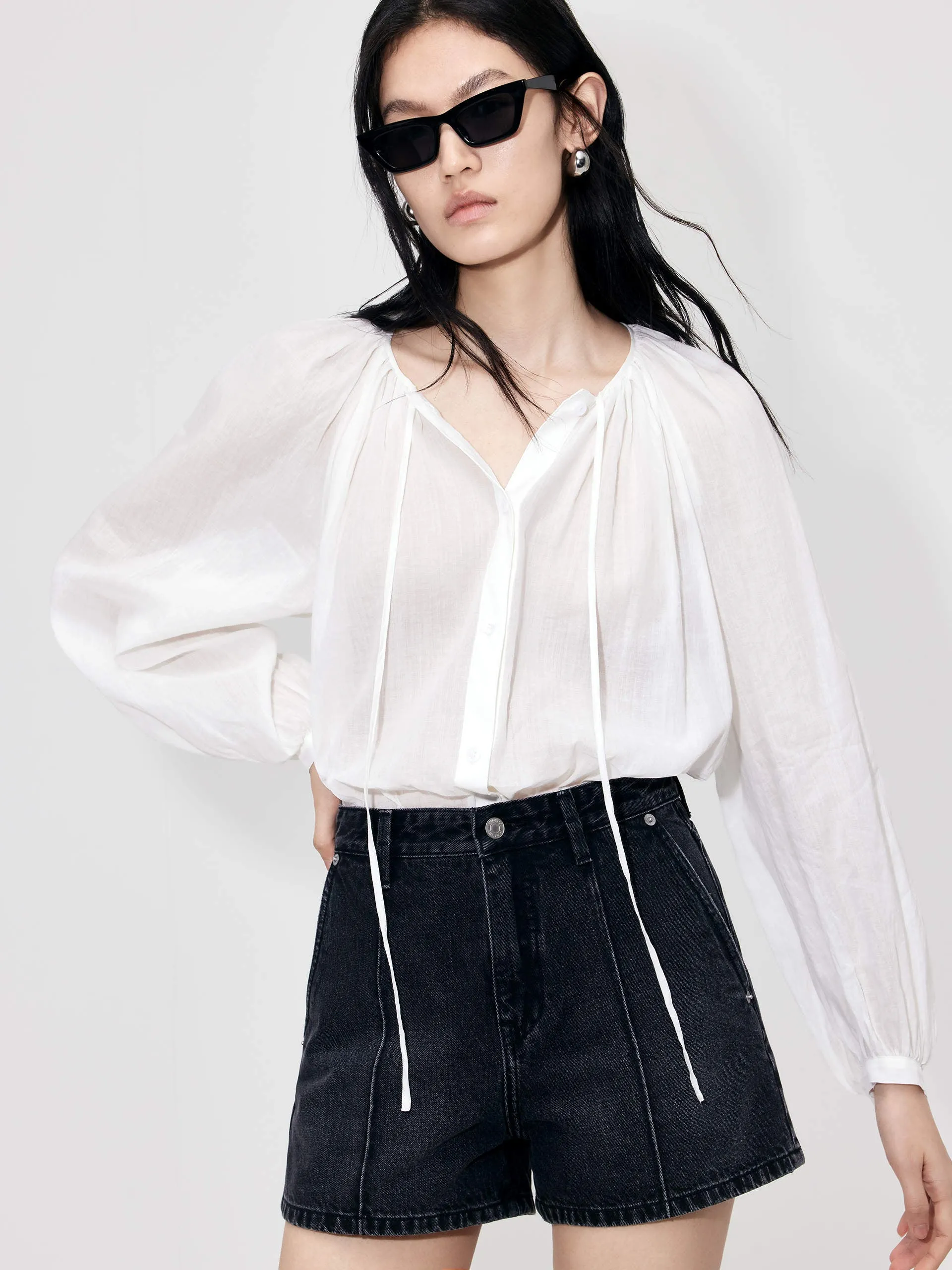 Lace-up Cotton Shirt Top